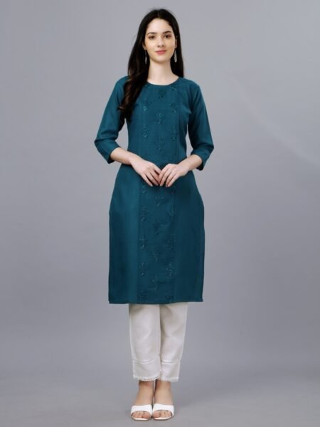 Women Embroidered Cotton Blend Blue Straight Kurti