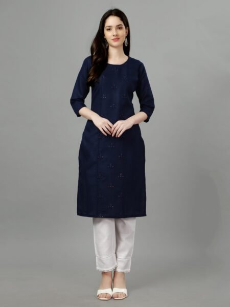 Women Embroidered Cotton Blend Navy Blue Straight Kurti
