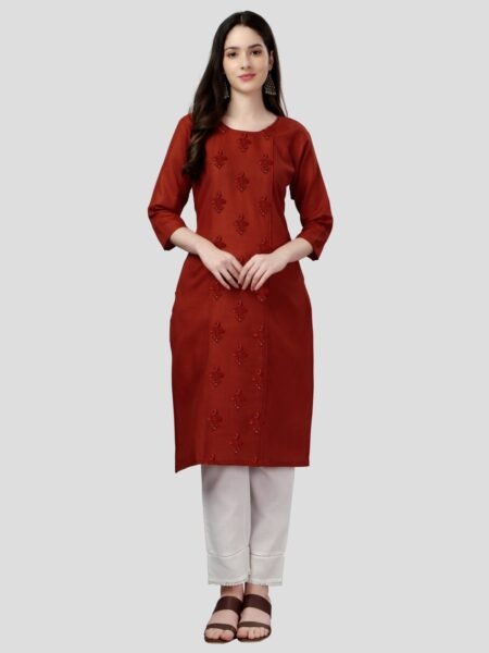 Women Embroidered Cotton Blend Orange Straight Kurti