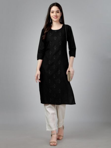 Women Embroidered Cotton Blend Black Straight Kurti