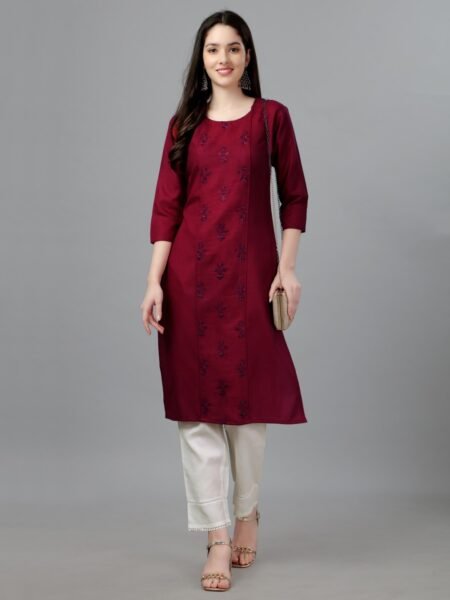 Women Embroidered Cotton Blend Maroon Straight Kurti