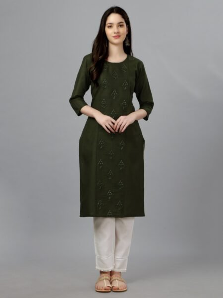 Women Embroidered Cotton Blend Green Straight Kurti