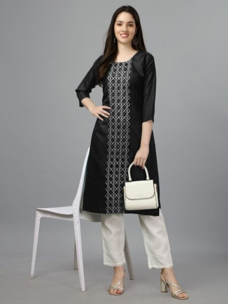 Women Embroidered Cotton Blend Black Straight Kurti