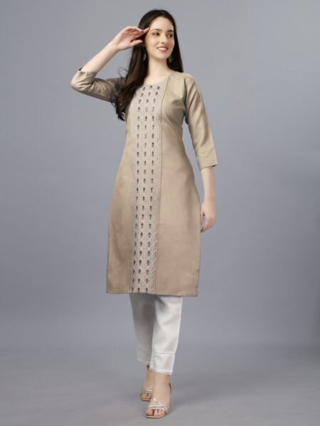 Women Embroidered Cotton Blend Brown Straight Kurti