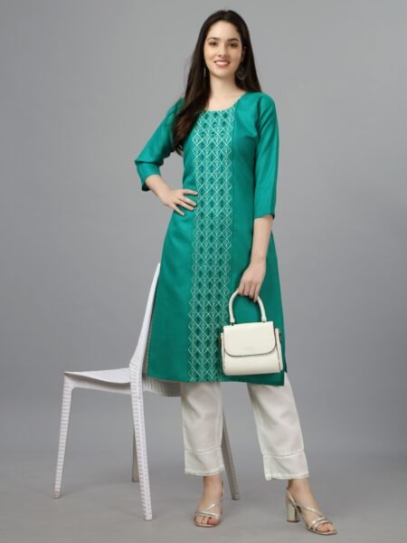 Women Embroidered Cotton Blend Light Green Straight Kurti
