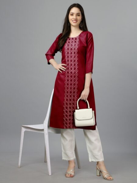Women Embroidered Cotton Blend Maroon Straight Kurti