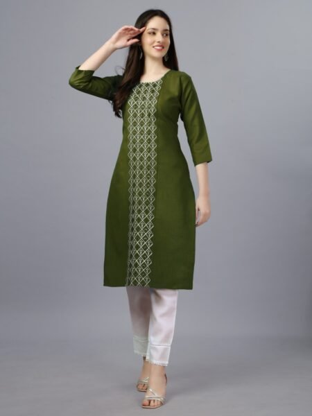 Women Embroidered Cotton Blend Green Straight Kurti