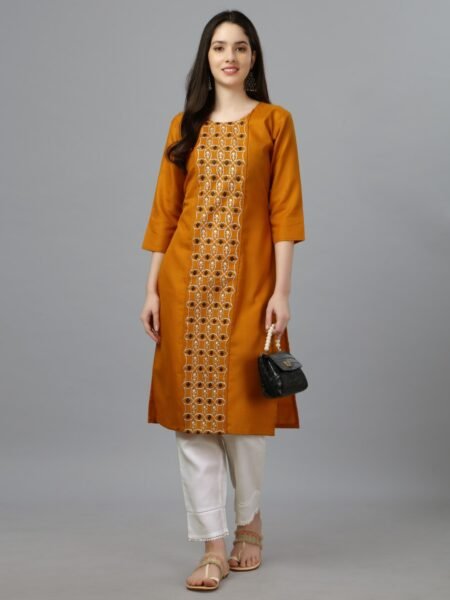 Women Embroidered Cotton Blend Mustard Straight Kurti