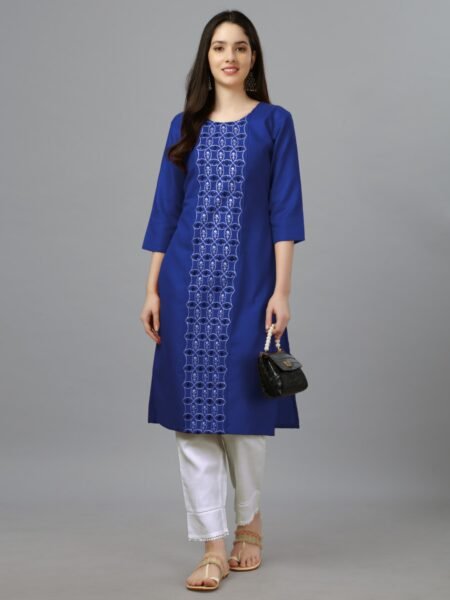 Women Embroidered Cotton Blend Blue Straight Kurti