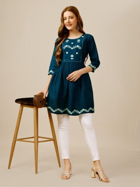 Women Embroidered Rayon Blue Peplum Top