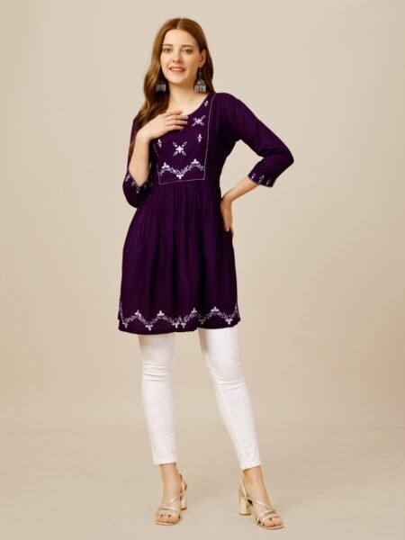 Women Embroidered Rayon Purple Peplum Top