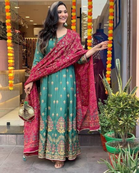 Malishka Export Women's Green Roman Silk Foil Print Anarkali Kurta With Dupatta