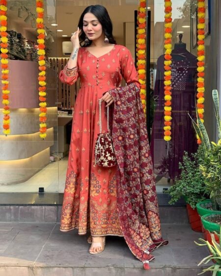 Malishka Export Women's Orange Roman Silk Foil Print Anarkali Kurta With Dupatta