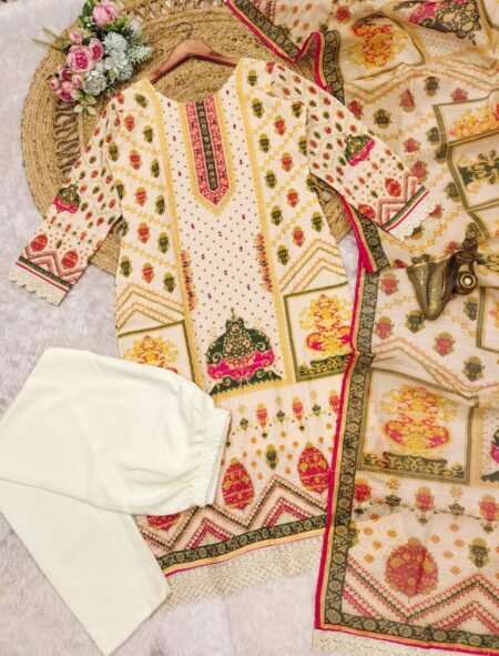 Malishka Export Women's Cream Cotton Sequence Straight Kurta Pant With Dupatta