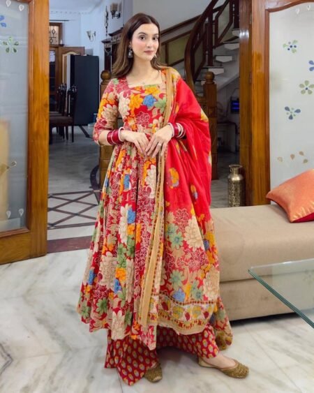 Malishka Export Women's Red Cotton Floral Anarkali Kurta Plazzo With Dupatta