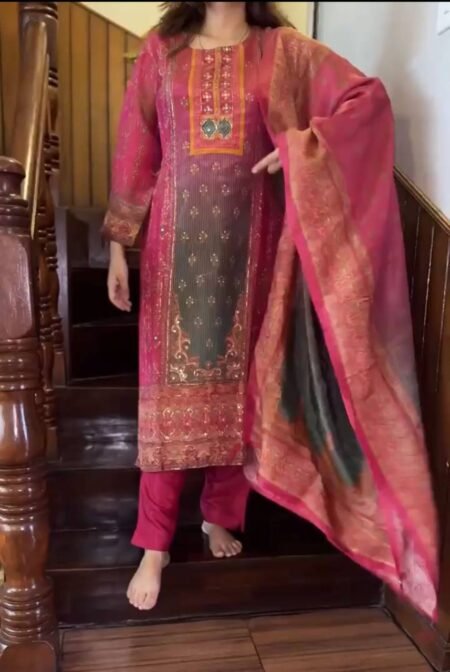 Malishka Export Women's Pink Roman Silk Printed Straight Kurta Pant With Dupatta