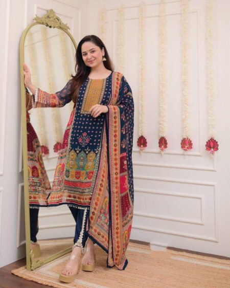 Malishka Export Women's Navy Blue Chinon Embroidered Straight Kurta Pant With Dupatta