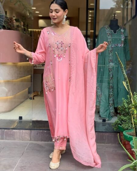 Malishka Export Women's Pink Roman Silk Sequence Straight Kurta Pant With Dupatta