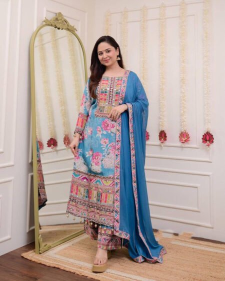 Malishka Export Women's Sky Blue Satin Stone Work Straight Kurta Plazzo With Dupatta
