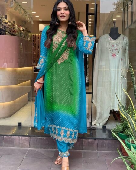 Malishka Export Women's Sky Blue Chinon Printed Straight Kurta Pant With Dupatta