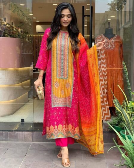 Malishka Export Women's Pink Satin Printed Straight Kurta Pant With Dupatta