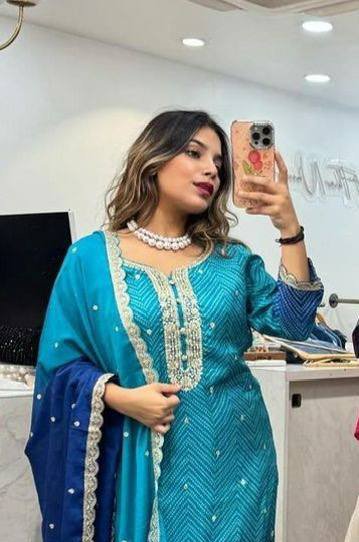 Malishka Export Women's Sky Blue Chinon Bandhni print Straight Kurta Pant With Dupatta