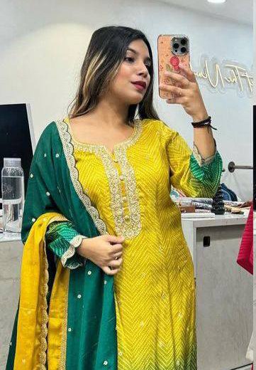 Malishka Export Women's Yellow Chinon Bandhni print Straight Kurta Pant With Dupatta