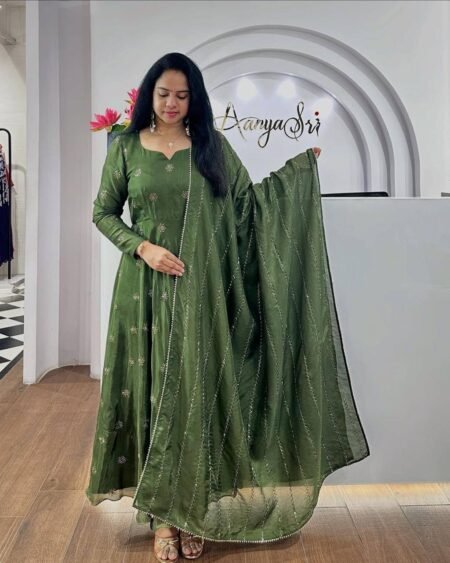 Malishka Export Women's Green Chinon Embroidered Anarkali Kurta With Dupatta