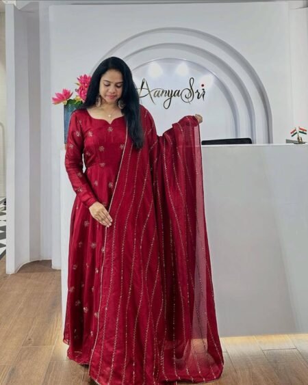 Malishka Export Women's Maroon Chinon Embroidered Anarkali Kurta With Dupatta