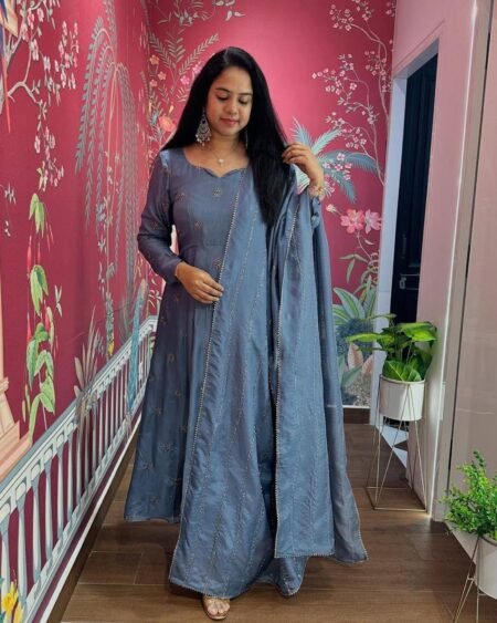 Malishka Export Women's Navy Blue Chinon Embroidered Anarkali Kurta With Dupatta