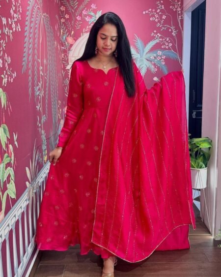 Malishka Export Women's Pink Chinon Embroidered Anarkali Kurta With Dupatta