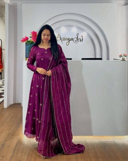 Malishka Export Women's Wine Chinon Embroidered Anarkali Kurta With Dupatta