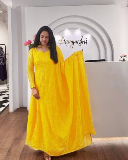 Malishka Export Women's Yellow Chinon Embroidered Anarkali Kurta With Dupatta