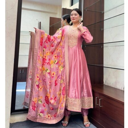 Malishka Export Women's Pink Roman Silk Embroidered Anarkali Kurta Pant With Dupatta