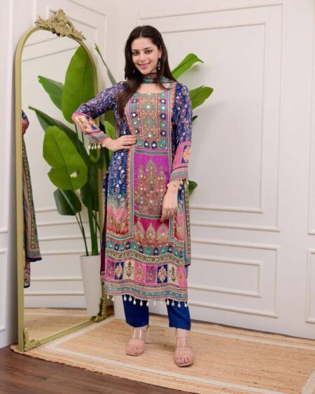 Malishka Export Women's Blue Chinon Stone Work Straight Kurta Pant With Dupatta