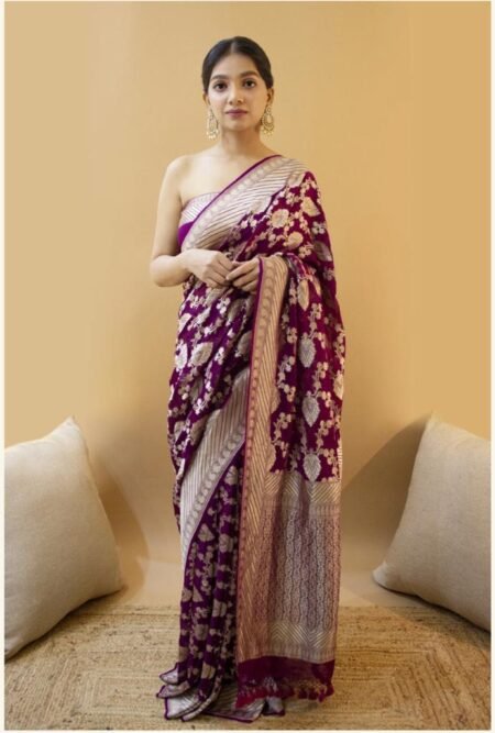Malishka Export Jacquard Lichi Silk Wine Saree With Unstiched Blouse Piece