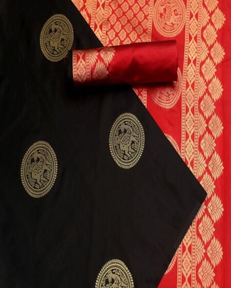 Malishka Export Jacquard Lichi Silk Black Saree With Unstiched Blouse Piece