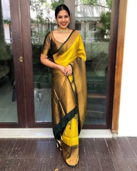 Malishka Export Jacquard Lichi Silk Mustard Saree With Unstiched Blouse Piece