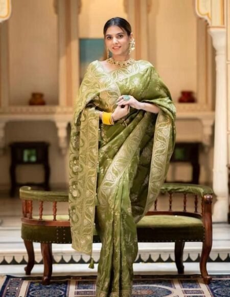Malishka Export Jacquard Lichi Silk Mehendi Saree With Unstiched Blouse Piece