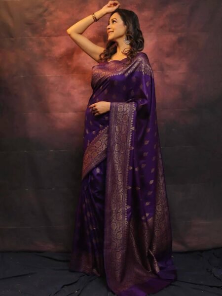 Malishka Export Jacquard Lichi Silk Purple Saree With Unstiched Blouse Piece
