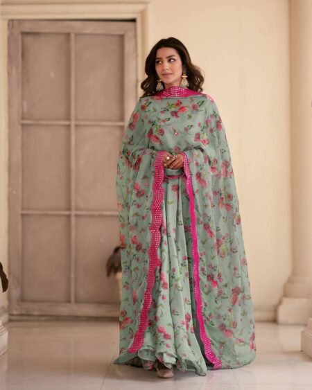 Avantini Women's Blue Georgette Digital Print Anarkali Kurta Pant With Dupatta