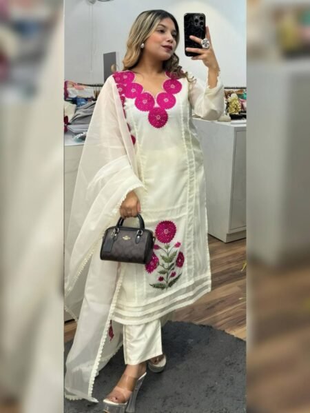 Avantini Women's Maroon Faux Georgette Embroidered Anarkali Kurta Pant With Dupatta