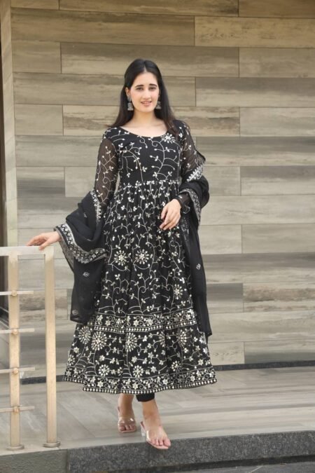 Avantini Women's Blue Faux Georgette Embroidered Anarkali Kurta Pant With Dupatta