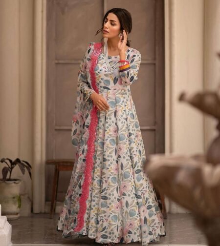 Avantini Women's Mustard Organza Foil Print Anarkali Kurta Pant With Dupatta