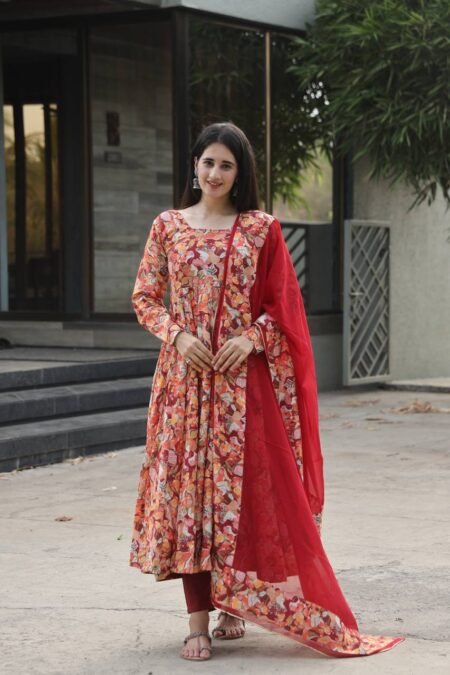 Avantini Women's Multi Chinon Printed Anarkali Gown With Dupatta