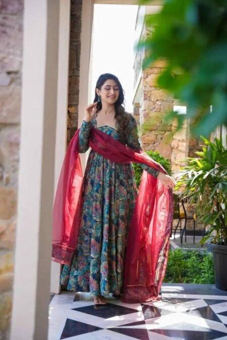 Avantini Women's Multi Muslin Embroidered Anarkali Kurta Pant With Dupatta