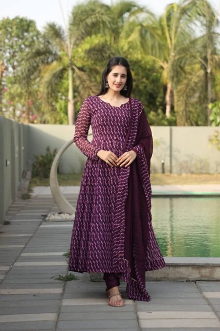 Avantini Women's Maroon Georgette Embroidered Anarkali Kurta Pant With Dupatta