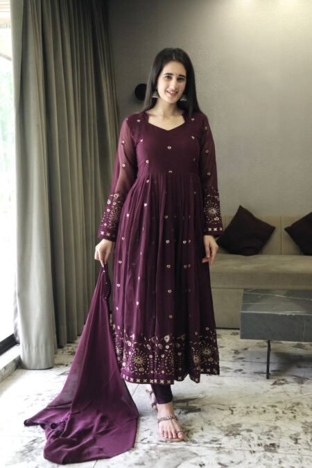Avantini Women's Wine Georgette Digital Print Anarkali Kurta Pant With Dupatta