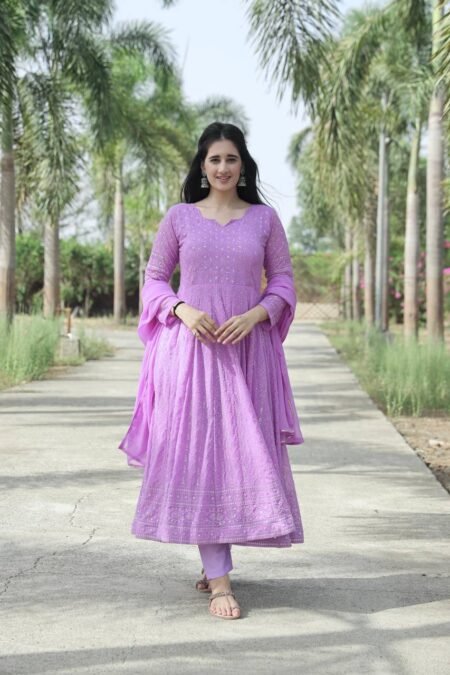 Avantini Women's Purple Faux Georgette Embroidered Anarkali Kurta Pant With Dupatta