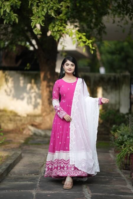 Avantini Women's Wine Faux Georgette Embroidered Anarkali Kurta Pant With Dupatta